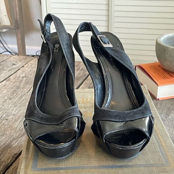 Pre-Owed BCBGEneration Womens Black Open Toe Slingback Upper Leather Heels Sz 8 - Picture 2 of 7